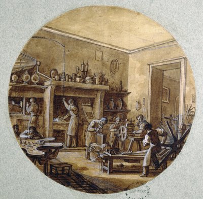 El taller del joyero, diseño de placa para un servicio que representa diferentes oficios, c.1820-35 de Jean Charles Develly